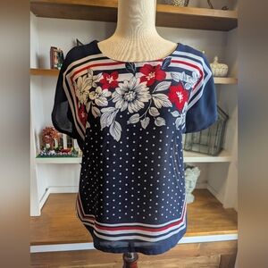 Alfred Dunner Petite Vintage Patriotic Floral Short Sleeve Blouse Size 12 petite